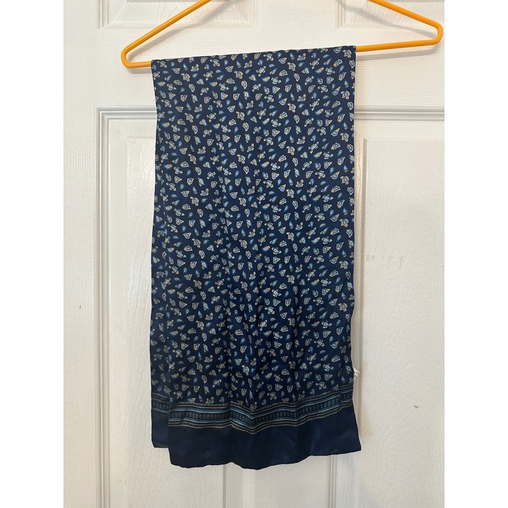 Vintage 100% Silk Scarf Navy Blue Paisley Print Rectangular Neck Wrap AS IS